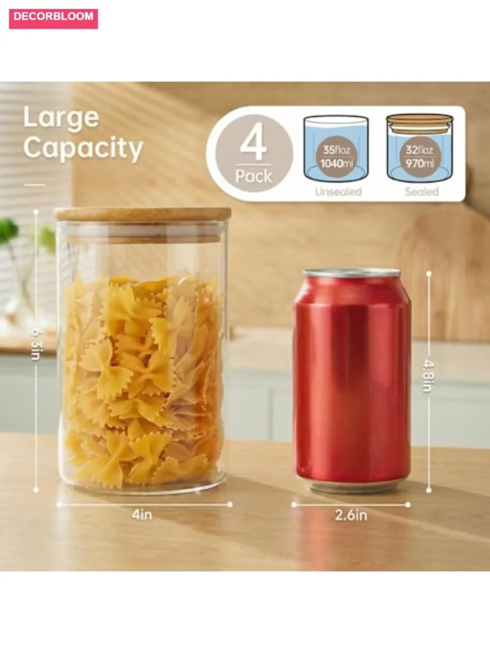 4 Pack 32oz Glass Jars with Bamboo Airtight Lids Kitchen Storage